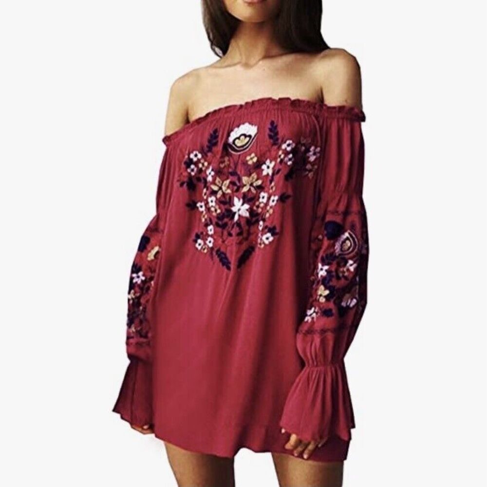 R Vivimos Floral Embroidered Off the Shoulder Boho  Dress Maroon Small Festival
